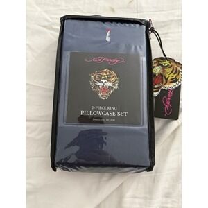 Ed Hardy King Pillowcase Set 2 Pc Navy Blue Embossed Tiger Logo NWT Polyester